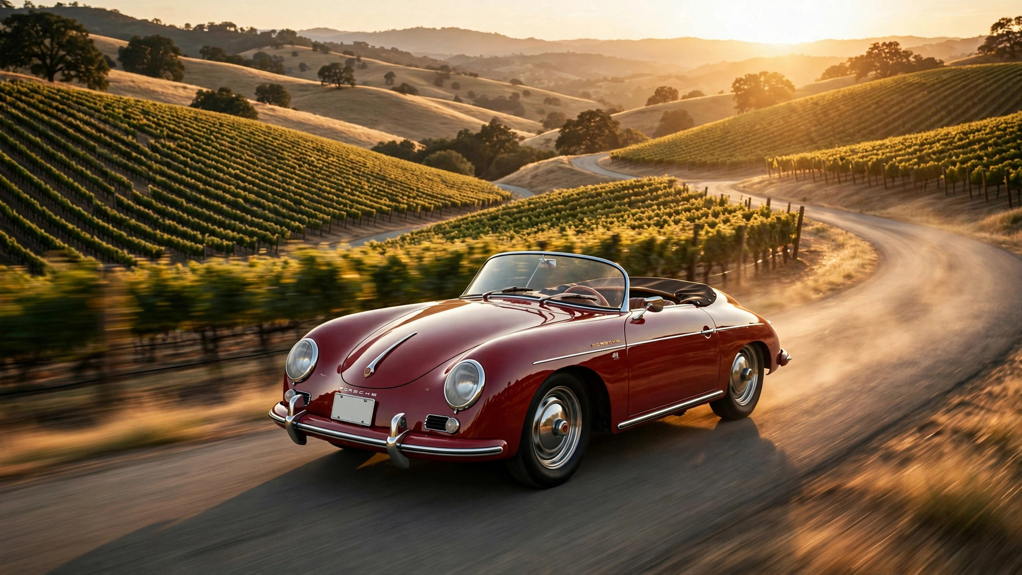 Classic sports car on a Napa vineyard road at golden hour