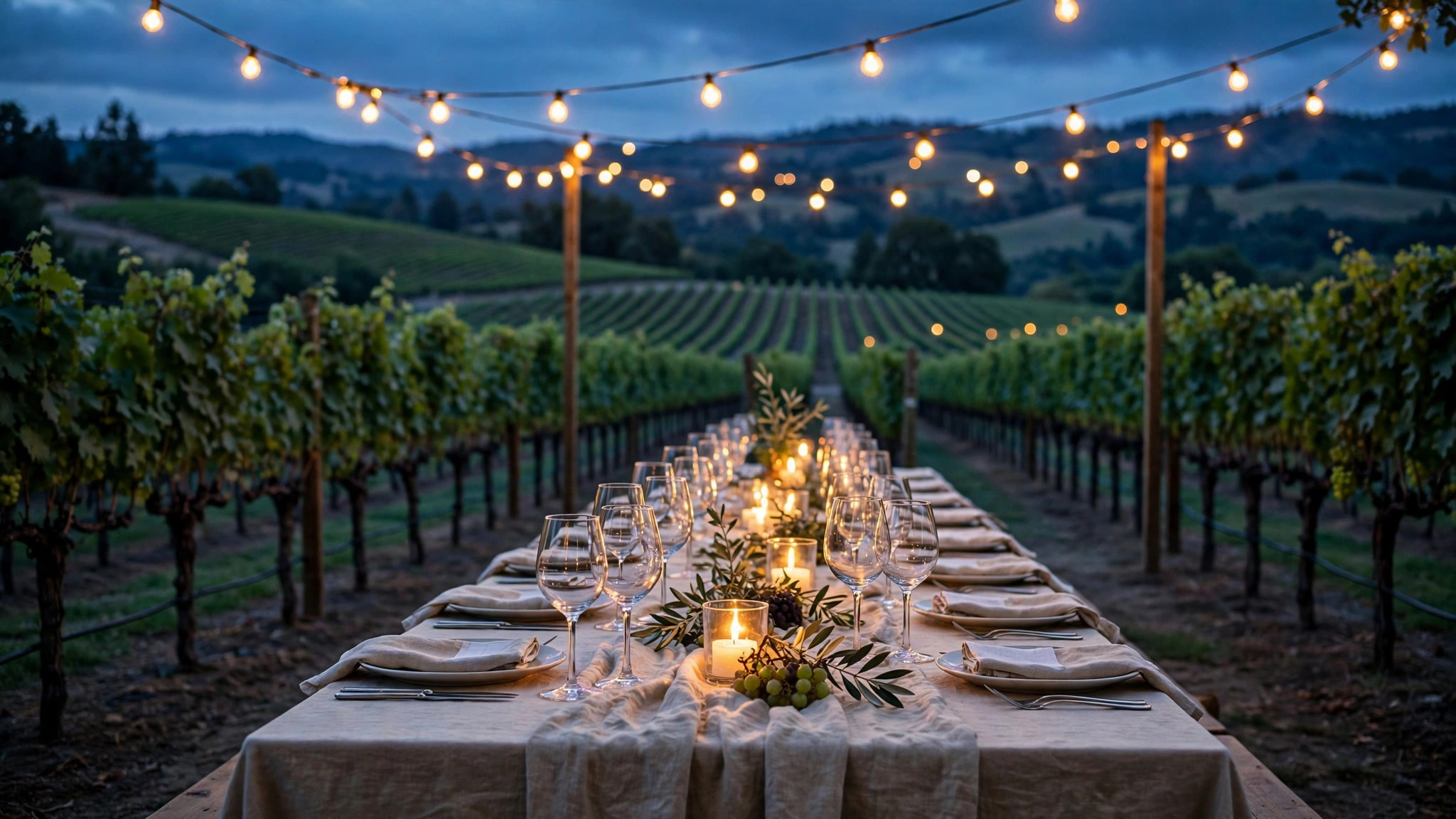 Candlelit dinner table among vineyard rows at dusk